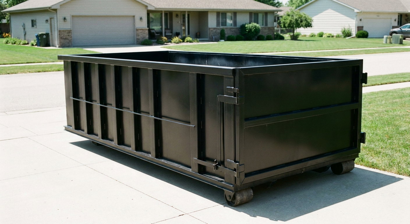 Matte-black 10-yard roll-off dumpster on a residential concrete driveway in Shreveport, uniformly painted matte black across every panel and rail, ribbed steel sidewalls and rear swing door visible, mid-day daylight.