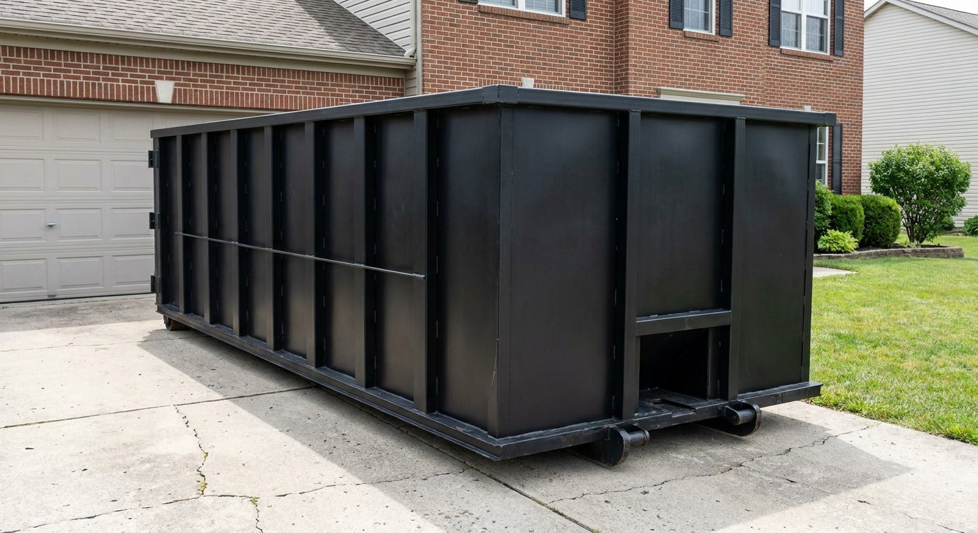 Matte-black 20-yard roll-off container on a Shreveport residential concrete driveway with reinforced ribbed steel sidewalls and a hinged rear walk-in door, clean bright daylight.