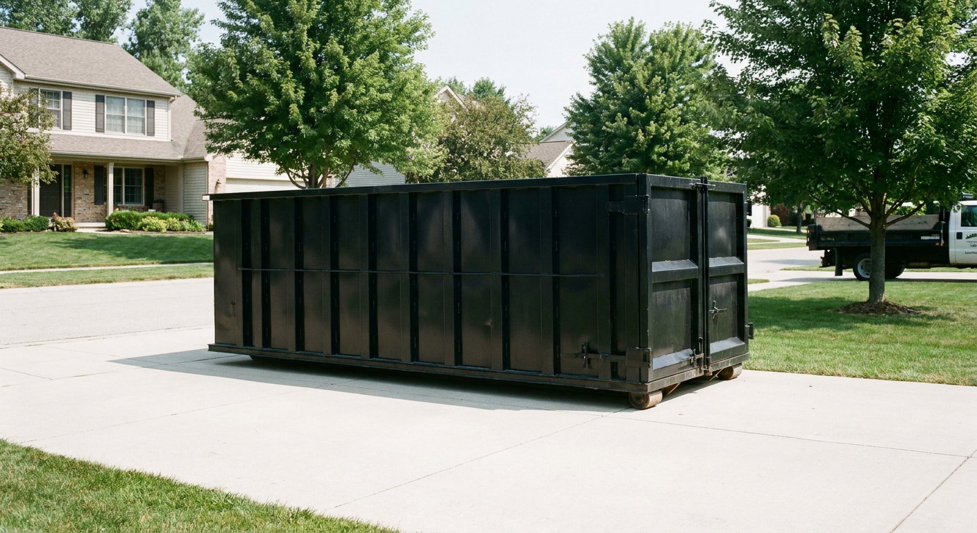 Matte-black 20-yard roll-off dumpster sitting level on a clean Shreveport residential concrete driveway under bright daylight, demonstrating clean placement directly on the concrete.