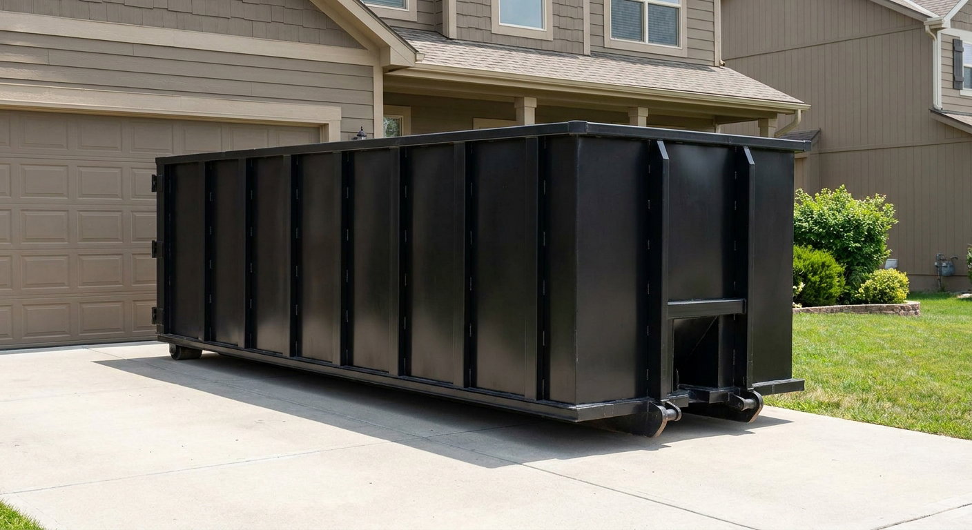 Matte-black residential roll-off dumpster sitting directly on a suburban Shreveport concrete driveway, garage door closed, single-family home in background, bright morning daylight.